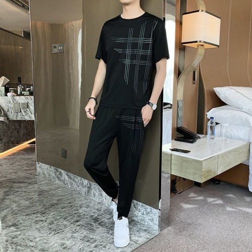 Men's Sports Short Sleeve Pants Two Piece Round Neck Tracksuit - Black |image