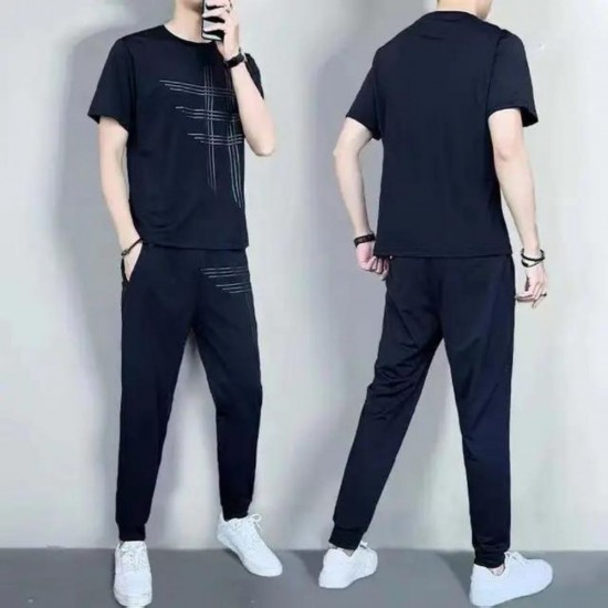 Male model wearing a comfortable men's short sleeve tracksuit, perfect for sports and everyday wear Men's Sports Short Sleeve Pants Two Piece Round Neck Tracksuit - Navy Blue |image