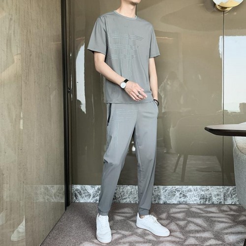 Men's Sports Short Sleeve Pants Two Piece Round Neck Tracksuit - Grey |image