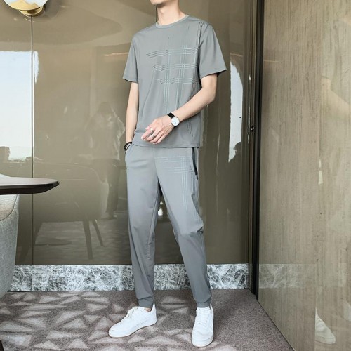 Men's Sports Short Sleeve Pants Two Piece Round Neck Tracksuit - Grey |image