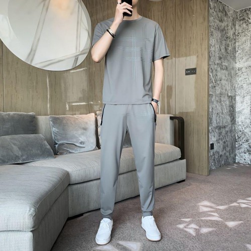 Men's Sports Short Sleeve Pants Two Piece Round Neck Tracksuit - Grey |image