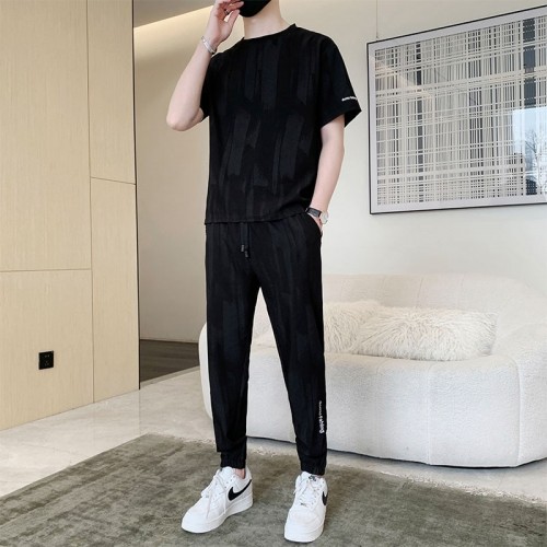 Men's Short Sleeve Ice Silk Leisure Tracksuits - Black |image