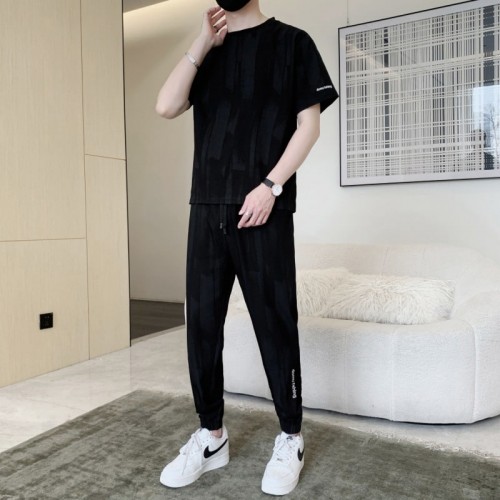 Men's Short Sleeve Ice Silk Leisure Tracksuits - Black |image
