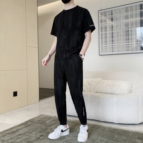 Men's Short Sleeve Ice Silk Leisure Tracksuits - Black |image