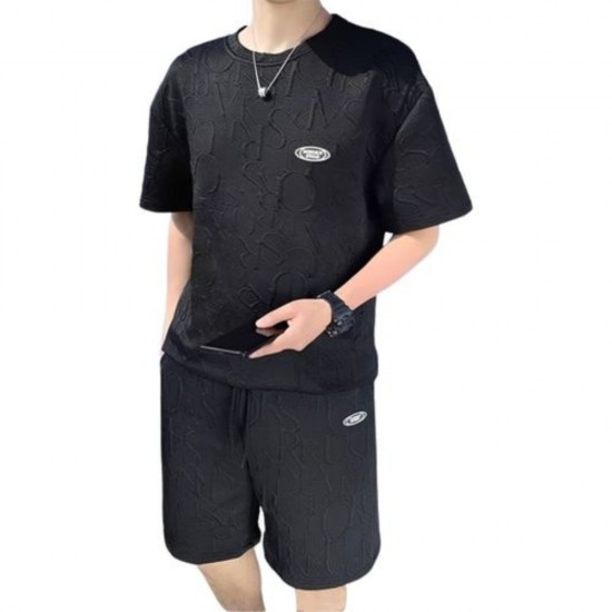 Men's Linen T-Shirt & Shorts Set Casual & Sporty - Black |image