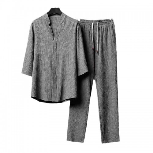 Men Short Sleeve Linen Shirt And Pants Sets - Grey |image