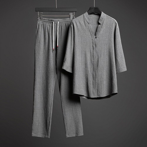 Men Short Sleeve Linen Shirt And Pants Sets - Grey |image