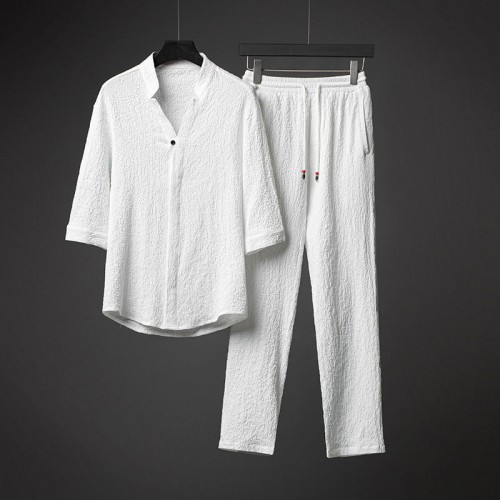 Men Short Sleeve Linen Shirt And Pants Sets - White |image