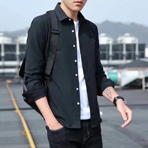 Korean Style Slim Fit Long Sleeve Shirt - Black |image