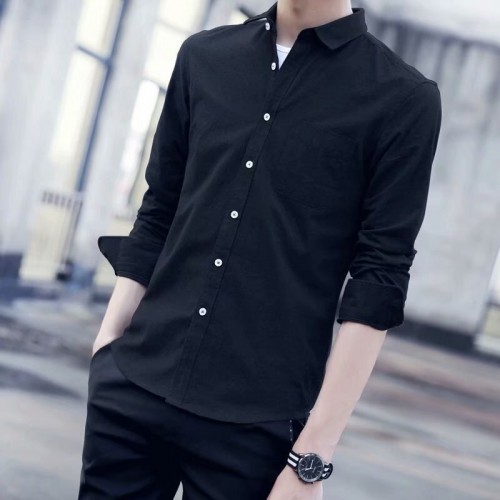 Korean Style Slim Fit Long Sleeve Shirt - Black |image