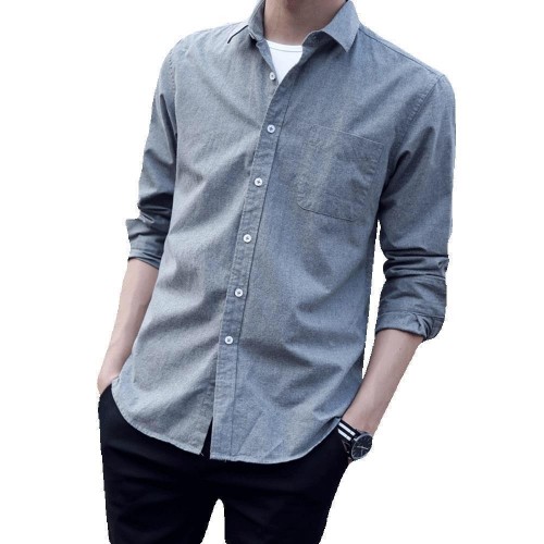 Korean Style Slim Fit Long Sleeve Shirt - Grey |image