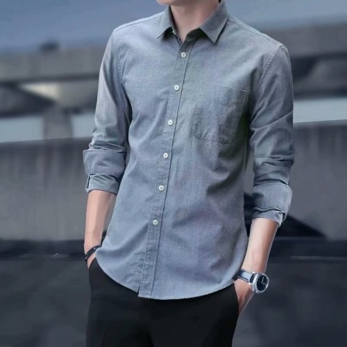 Korean Style Slim Fit Long Sleeve Shirt - Grey |image