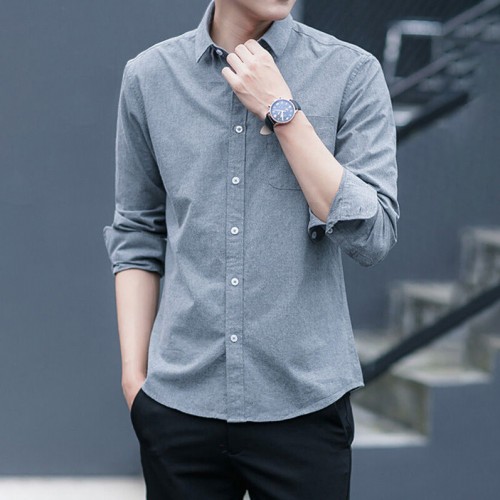 Korean Style Slim Fit Long Sleeve Shirt - Grey |image
