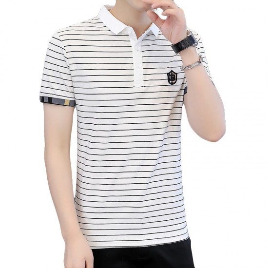 Men's Short-Sleeved T-Shirt Striped Cotton Slim Fit - White |image