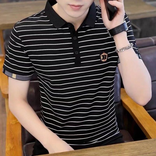 Men's Short-Sleeved T-Shirt Striped Cotton Slim Fit - Black |image