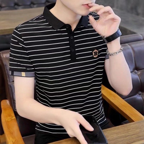 Men's Short-Sleeved T-Shirt Striped Cotton Slim Fit - Black |image