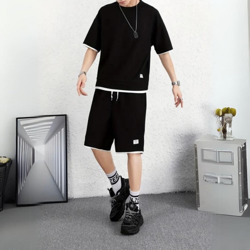 Men's Waffle Knit Tracksuit Set Relaxed Summer Style - Black |image