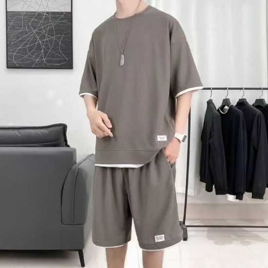 Men's Waffle Knit Tracksuit Set Relaxed Summer Style - Brown |image