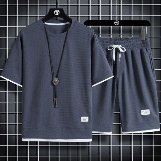 Men's Waffle Knit Tracksuit Set Relaxed Summer Style - Dark Grey |image