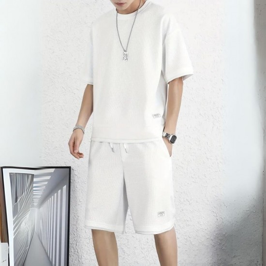 Men's Waffle Knit Tracksuit Set Relaxed Summer Style - White |image