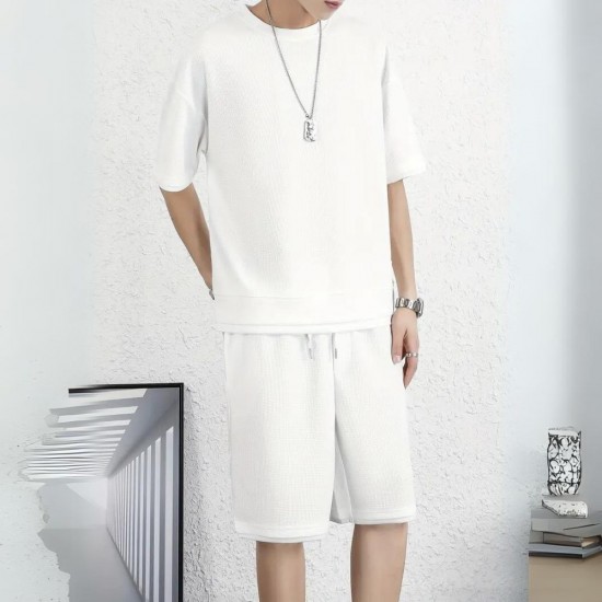 Men's Waffle Knit Tracksuit Set Relaxed Summer Style - White |image