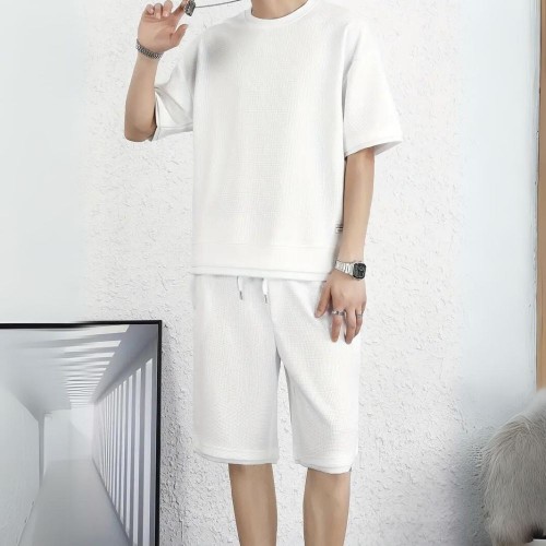 Men's Waffle Knit Tracksuit Set Relaxed Summer Style - White |image