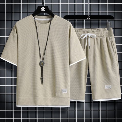 Men's Waffle Knit Tracksuit Set Relaxed Summer Style - Biege |image