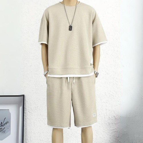 Men's Waffle Knit Tracksuit Set Relaxed Summer Style - Biege |image