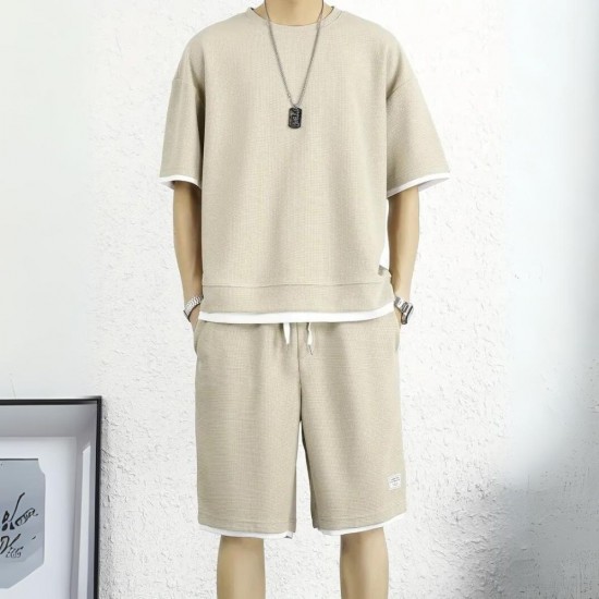 Male model wearing a men's waffle knit sports set, showcasing a comfortable and stylish outfit. Men's Waffle Knit Tracksuit Set Relaxed Summer Style - Biege |image