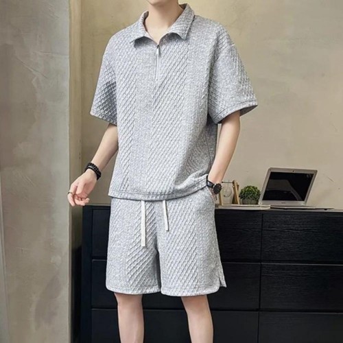 Summer Loose Two-Piece Set with Zipper Half Sleeve T-Shirt - Grey |image