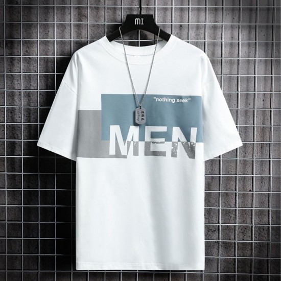 Male model wearing a relaxed-fit, oversized t-shirt made from soft cotton. Men Trendy Printing Short Sleeves Shirt Round Neck T-Shirt - White |image