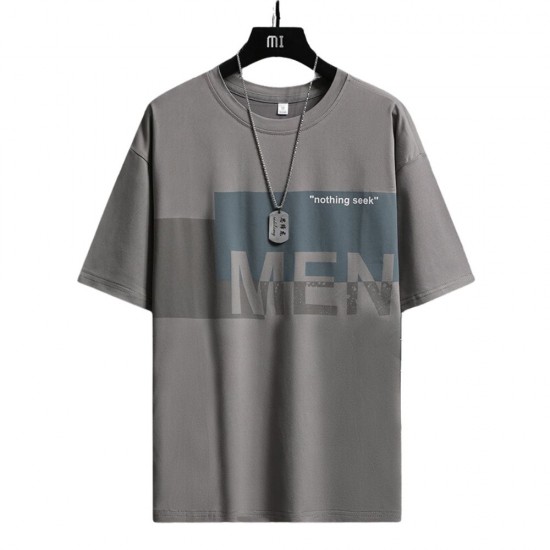 Male model wearing a relaxed-fit, oversized t-shirt made from soft cotton. Men Trendy Printing Short Sleeves Shirt Round Neck T-Shirt - Dark Grey |image