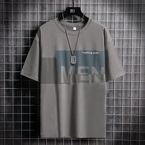 Men Trendy Printing Short Sleeves Shirt Round Neck T-Shirt - Dark Grey |image
