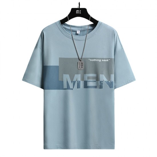 Men Trendy Printing Short Sleeves Shirt Round Neck T-Shirt - Light Blue |image
