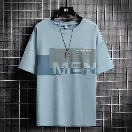 Men Trendy Printing Short Sleeves Shirt Round Neck T-Shirt - Light Blue |image