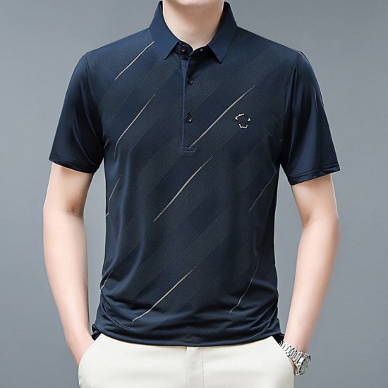 Male model wearing a short-sleeve printed polo shirt with a collared neck, suitable for business casual wear. Men's Short Sleeve Striped Polo Shirt - Navy Blue |image