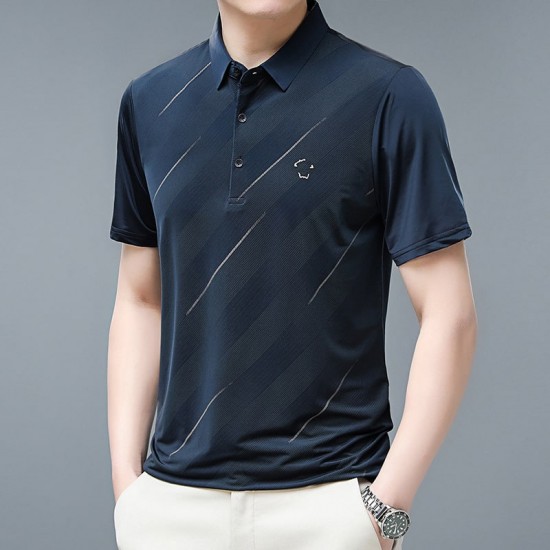 Male model wearing a short-sleeve printed polo shirt with a collared neck, suitable for business casual wear. Men's Short Sleeve Striped Polo Shirt - Navy Blue |image