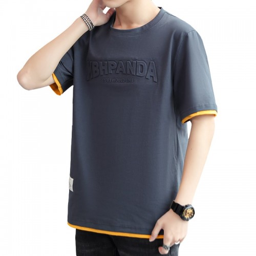 Men's Round Neck Spliced ​​Letter Short Sleeve T-shirt - Dark Grey |image