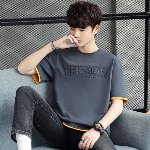 Men's Round Neck Spliced ​​Letter Short Sleeve T-shirt - Dark Grey |image