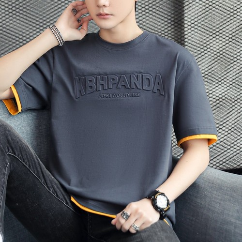 Men's Round Neck Spliced ​​Letter Short Sleeve T-shirt - Dark Grey |image