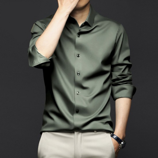 Male model wearing a long sleeve ice silk business shirt, looking confident and professional. Men's Long Sleeved Business High-End ice silk shirts - Green |image