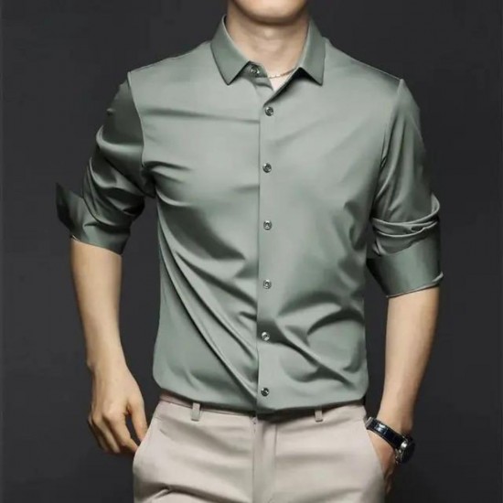 Male model wearing a long sleeve ice silk business shirt, looking confident and professional. Men's Long Sleeved Business High-End ice silk shirts - Green |image