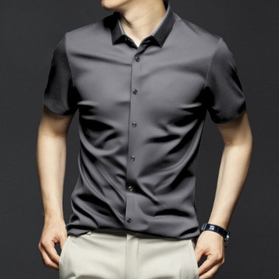 Male model wearing a long sleeve ice silk business shirt, looking confident and professional. Men's Long Sleeved Business High-End ice silk shirts - Dark Grey |image