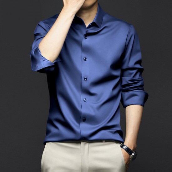  Men's Long Sleeved Business High-End ice silk shirts - Navy Blue |image