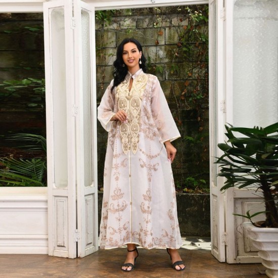 Women Muslim Exquisite Embroidery Long Sleeve Maxi Dress - Beige |image