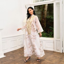 Women Muslim Exquisite Embroidery Long Sleeve Maxi Dress - Beige