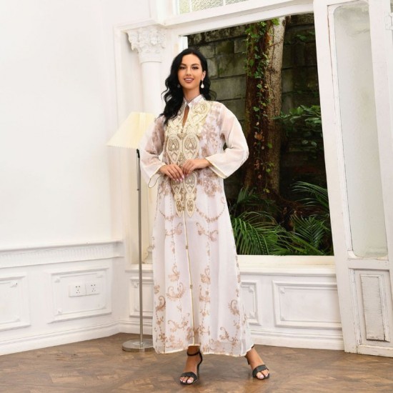 Women Muslim Exquisite Embroidery Long Sleeve Maxi Dress - Beige |image