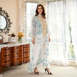 Women Muslim Exquisite Embroidery Long Sleeve Maxi Dress - Light Blue