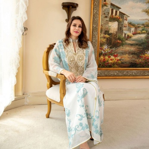 Women Muslim Exquisite Embroidery Long Sleeve Maxi Dress - Light Blue |image