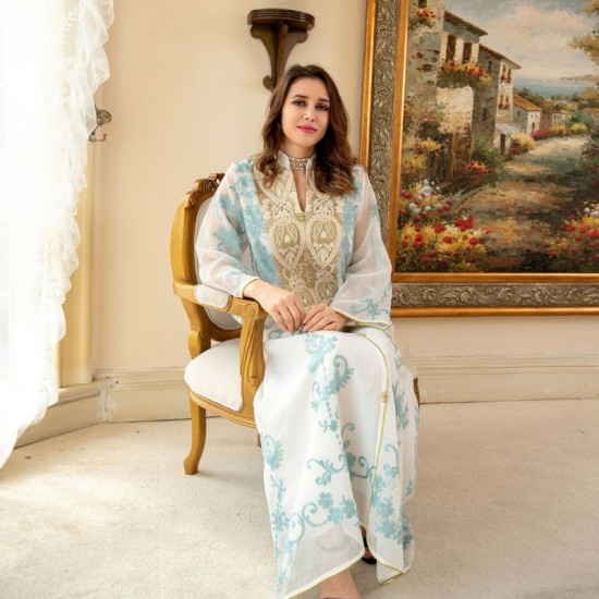 Women Muslim Exquisite Embroidery Long Sleeve Maxi Dress - Light Blue |image